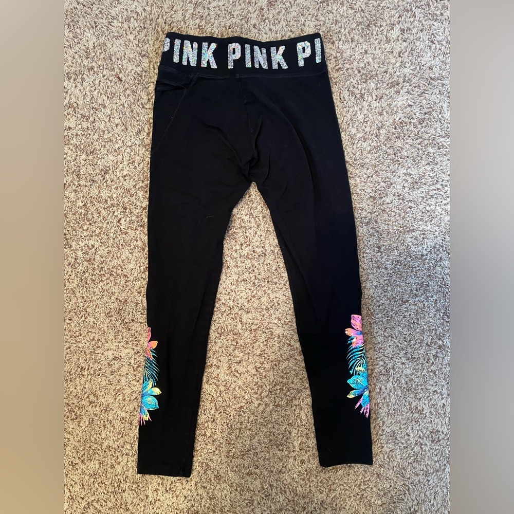 Womens PINK Victoria's Secret Hibiscus Tropical Bling Leggings SMALL BLING